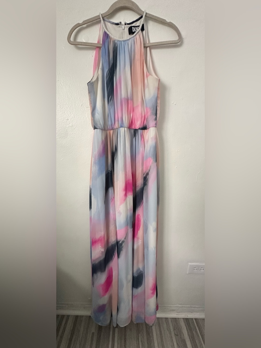 DKNY Watercolor Halter Maxi Dress in Pink, Blue & Cream size 4